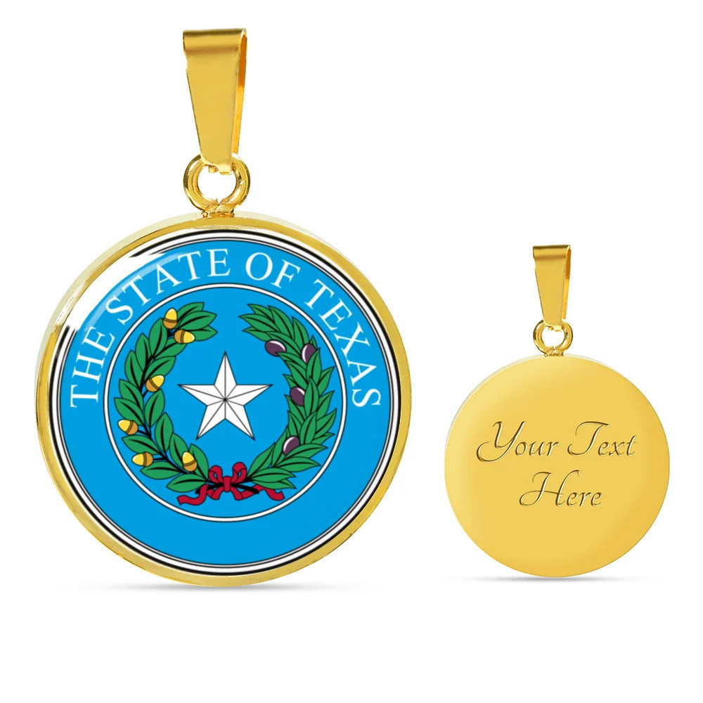 Texas State Seal Personalized Engraved Gold Circle Necklace Custom Name Date Gi